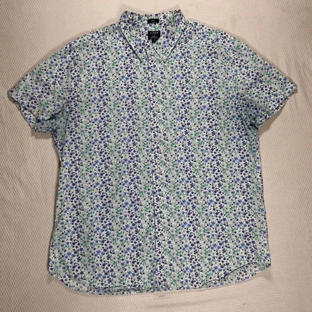 J Crew‎ Flex Washed Slim Fit Shirt XL Mens Blue Green Floral Short Sleeve Button